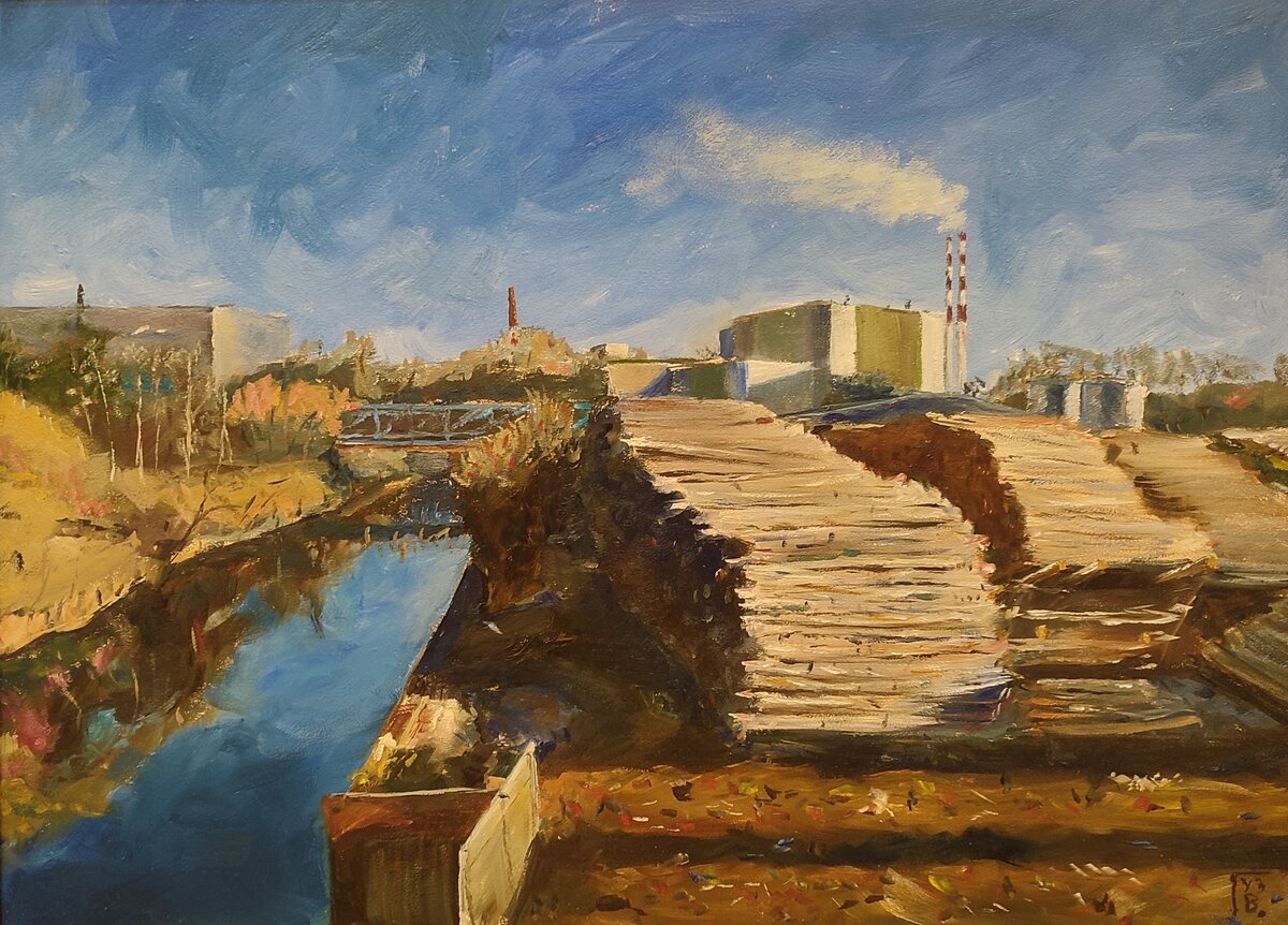 "Лесопилка", 2022, 50х70 см, масло, оргалит (ДВП), 40 000 ₽