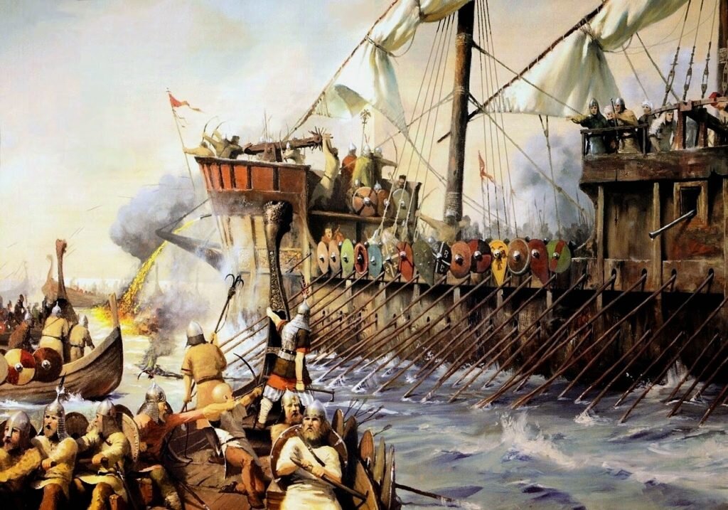 Византийский дромон атакует боевые ладьи славян. 
https://информа.рус/ярослав-мудрый/внешняя-политика/войны-и-походы/константинополь-1043/