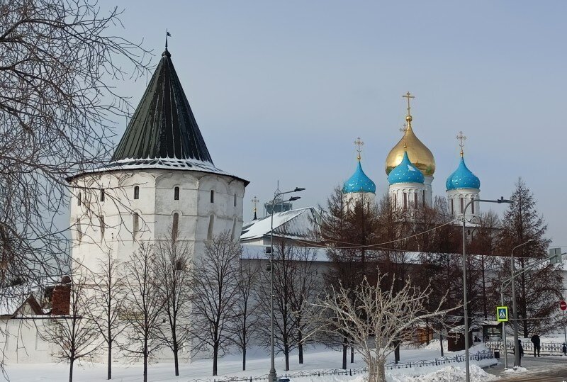 Юго-восточная башня и вид на Спасо-Преображенский собор Новоспасского монастыря.