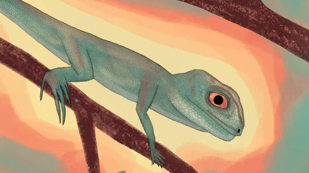 Ещё даже до рептилии не дослужился. А по деревьям уже лазил.