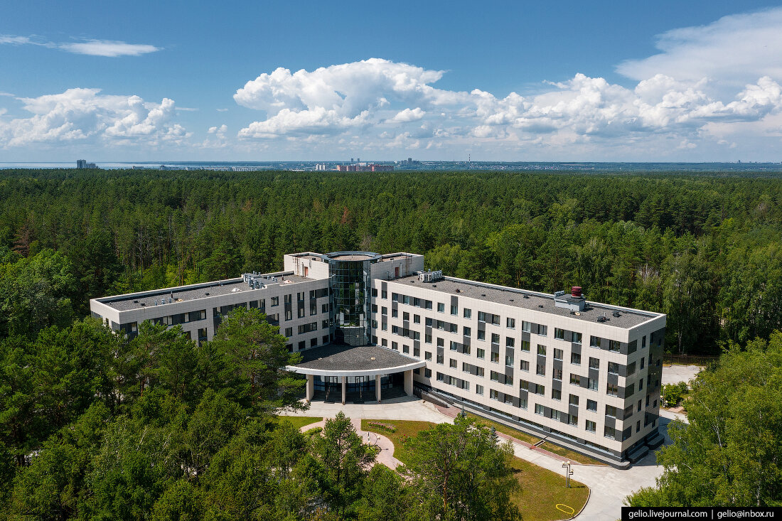 Новое здание в Академгородке. Вокруг лес, вдали блестит Обское море.