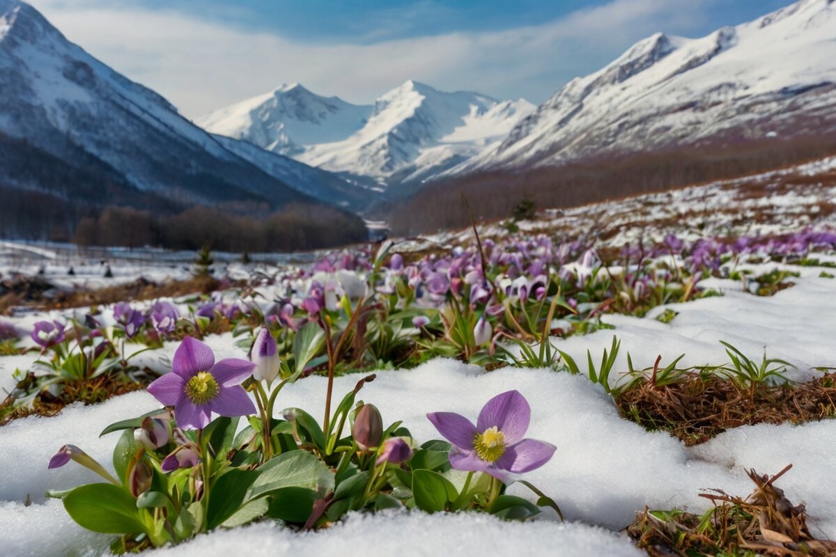 фон: заснеженные горы и красивая полянка весенних цветов