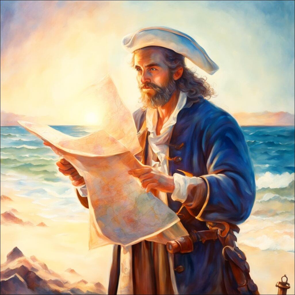 На берегу незнакомой земли. Солнце. Море. Холст. Масло. Картинка создана нейросетью.