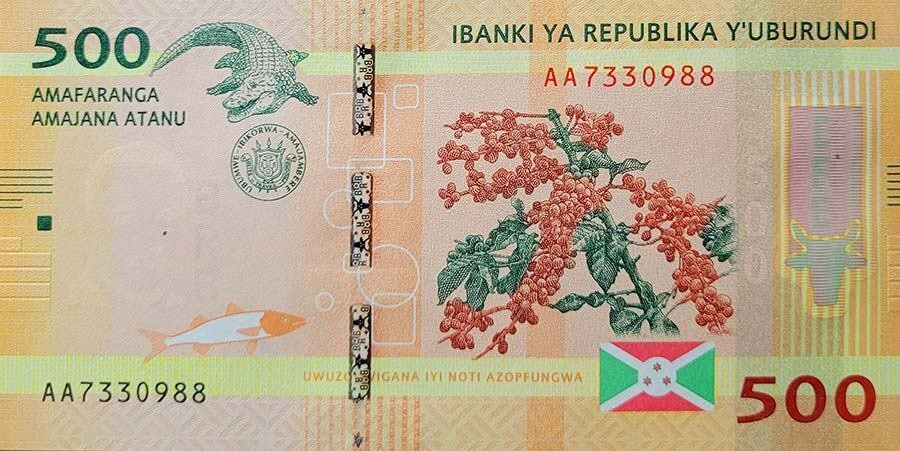 На купюре Республики Бурунди (2015 г.), кроме нильского крокодила, изображены символы страны: ветка кофе (Coffea arabica) и эндемичный окунь из озера Таганьика (Lates stappersii)