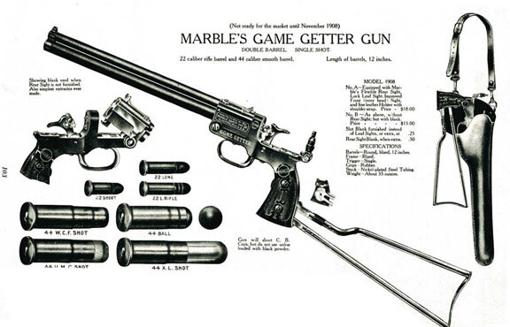 Оружие "Marble Game Getter" (буквально - "добытчик" или "охотник") 1908 года. Верхний ствол под винтовочный патрон .22 LR, нижний - под ружьё .410. Оба "ствола" малокалиберные, но неплохо подходят для охоты на мелкого/среднего зверя. (Фото - общественное достояние)