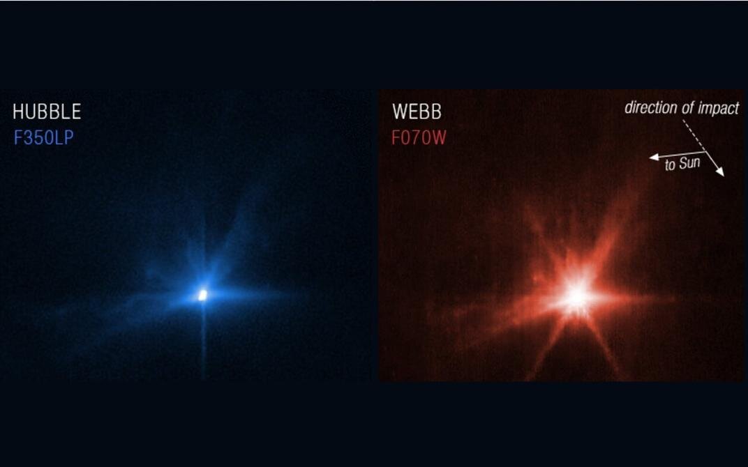 Столкновение аппарата DART с астероидом Диморф. [Image Credit: NASA, ESA, CSA, STScI]