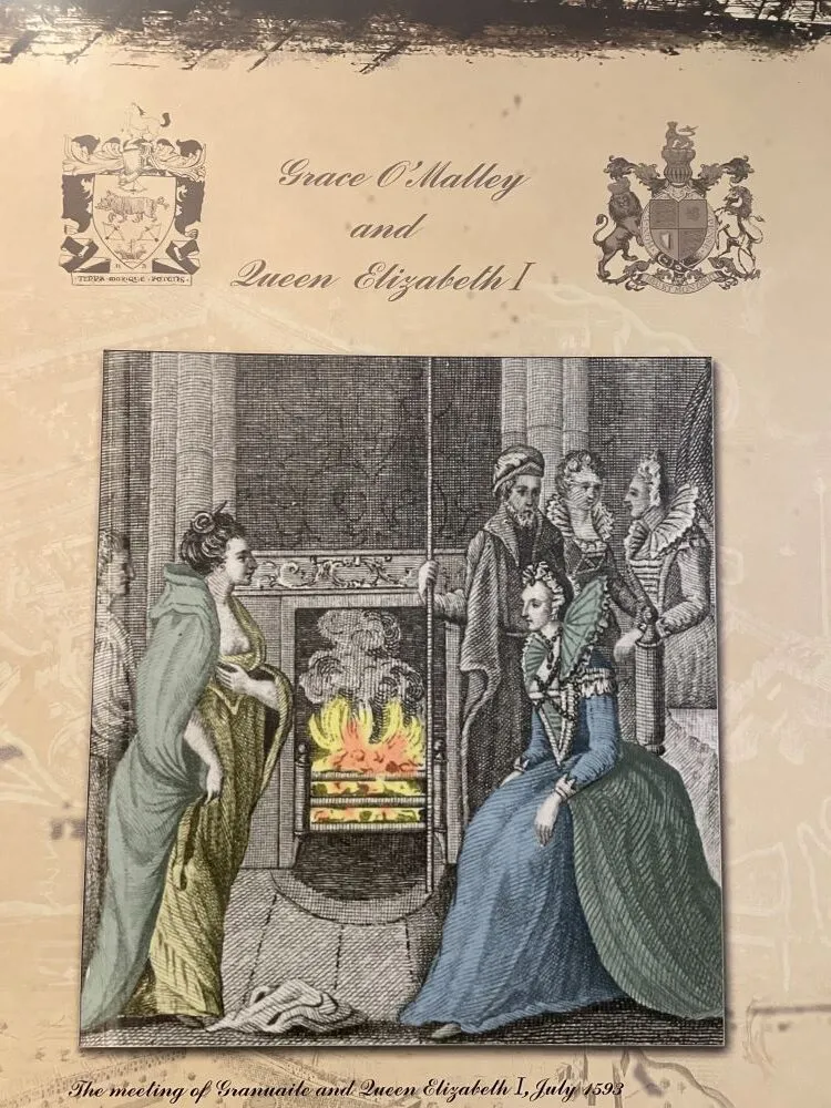 Встреча Грейс О'Мэлли с Елизаветой I. Раскрашенная иллюстрация из Anthologia Hibernica, Том 11, 1793. источник изображения:  i0.wp.com