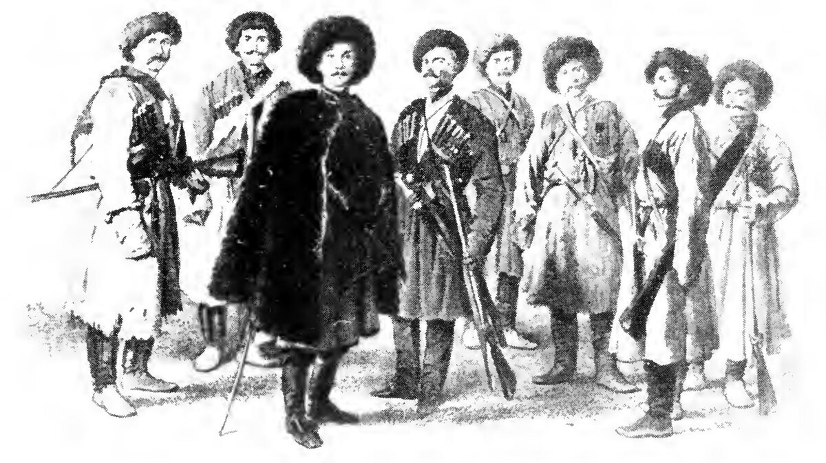 Черноморские пластуны, отличившиеся при защите Севастополя в 1854-55 гг. Слева направо: Сидор Белобров, Димитрий Горленко, подполк. Головинский командир 2-го батальона, хор. Даниленко, Макар Жульга, Андрей Гиденко, уряд. Иван Демьяненко, Лука Грещов. (Рисовал с натуры в Севастополе В. Тим. янв. 1855 г.) 