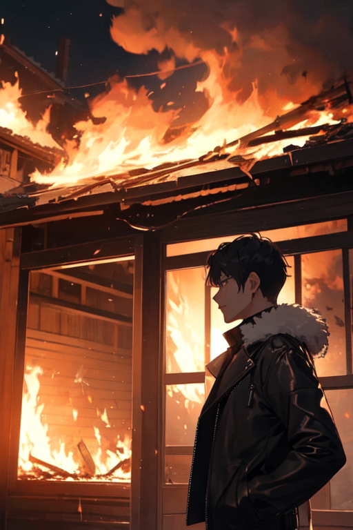 Prompt: at night, a guy in a leather jacket with a fur collar stands in front of a burning one-story house