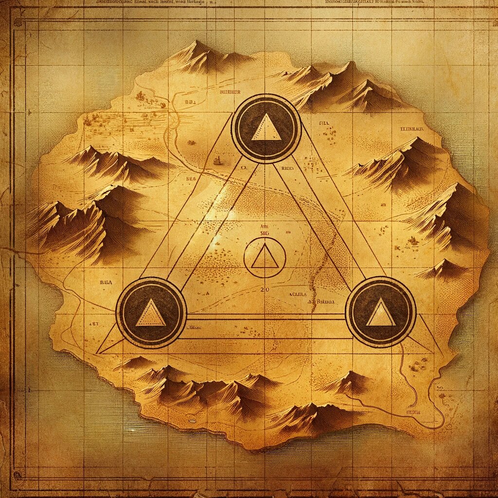 Старая карта руин империи. Три города здесь формируют треугольник, верхняя вершина которого является городом Акрополь, нижняя левая - Агорой, а нижняя правая - Колония.