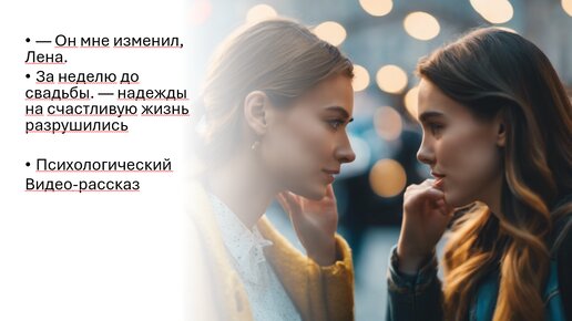 — Он мне изменил, Лена. За неделю до свадьбы. — надежды на счастливую жизнь разрушились. Видео-рассказ