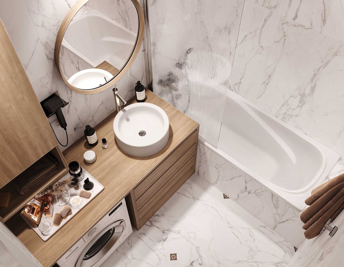 Уютная ванная комната, в оформлении используется керамогранит ™ Estima с декоративными вставками