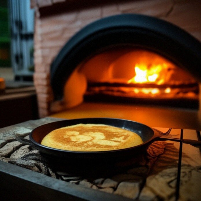 Раньше блины пекли в русской печи на сковороде. Нижняя сторона блина жарилась, а верхняя запекалась за счет жара внутри топки печи.