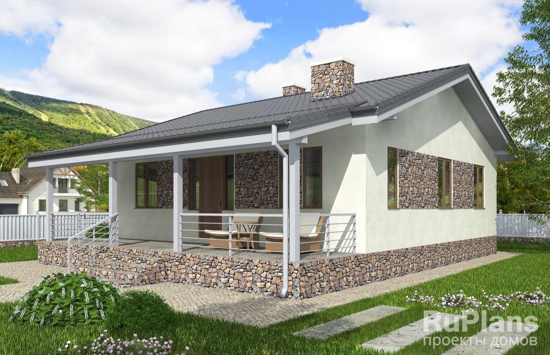 Характеристики проекта Общая площадь  77,8 кв.м
Жилая площадь  42,9 кв.м
Размеры дома  10 x 12,5 м
Высота здания  5,9 м
Количество комнат  3
Количество спален  2
Отделка  фасадная штукатурка
Материал стен  пеноблок / газобетон
Фундамент  монолитная плита
