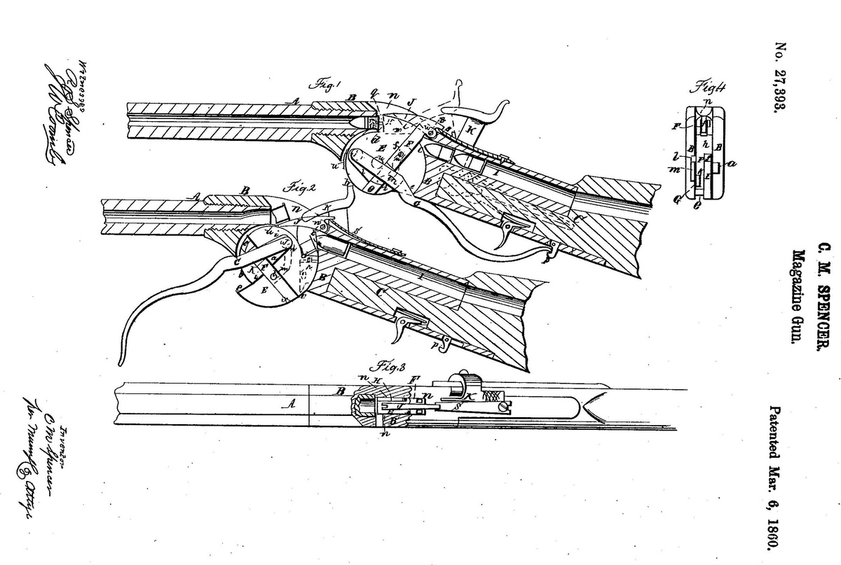 Схема винтовки системы Спенсера из патента № 27 393 6 марта 1860 года