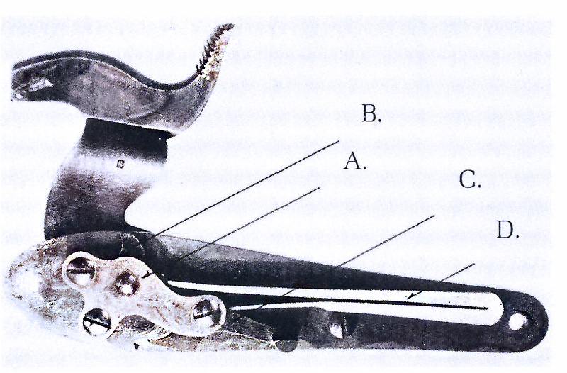 Замок винтовки Спенсера в сборе. Буквами обозначены: А- накладка, В - лодыжка, С-шептало, D - пружина. Как видно по конструкции он не отличался от замков принятых в то время к капсюльным дульнозарядным ружьям
