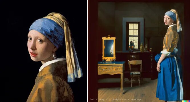 Слева: «Девушка с жемчужной сережкой», Ян Вермеер. Справа: «Девушка с жемчужной сережкой», DALL-E 2; Midjourney"