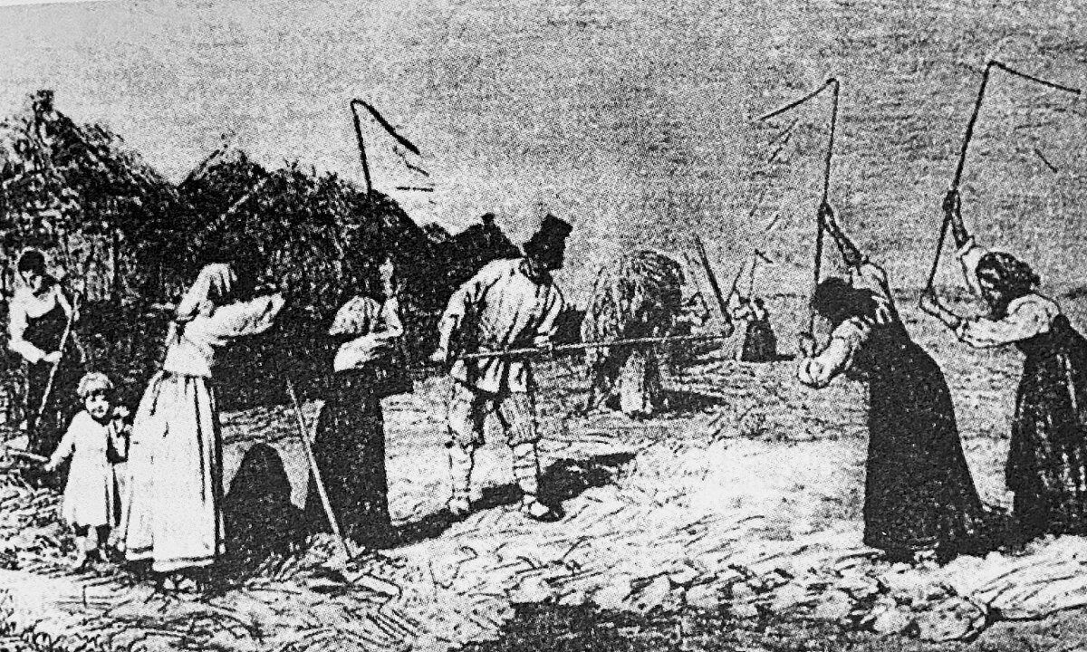 Молотьба цепами. С рисунка Н.Д. Дмитриева-Оренбургского. XIX в.