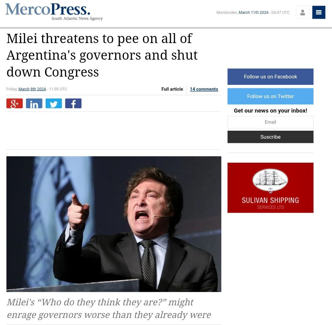    Эпатажный президент Хавьер Милей угрожает губернаторам.