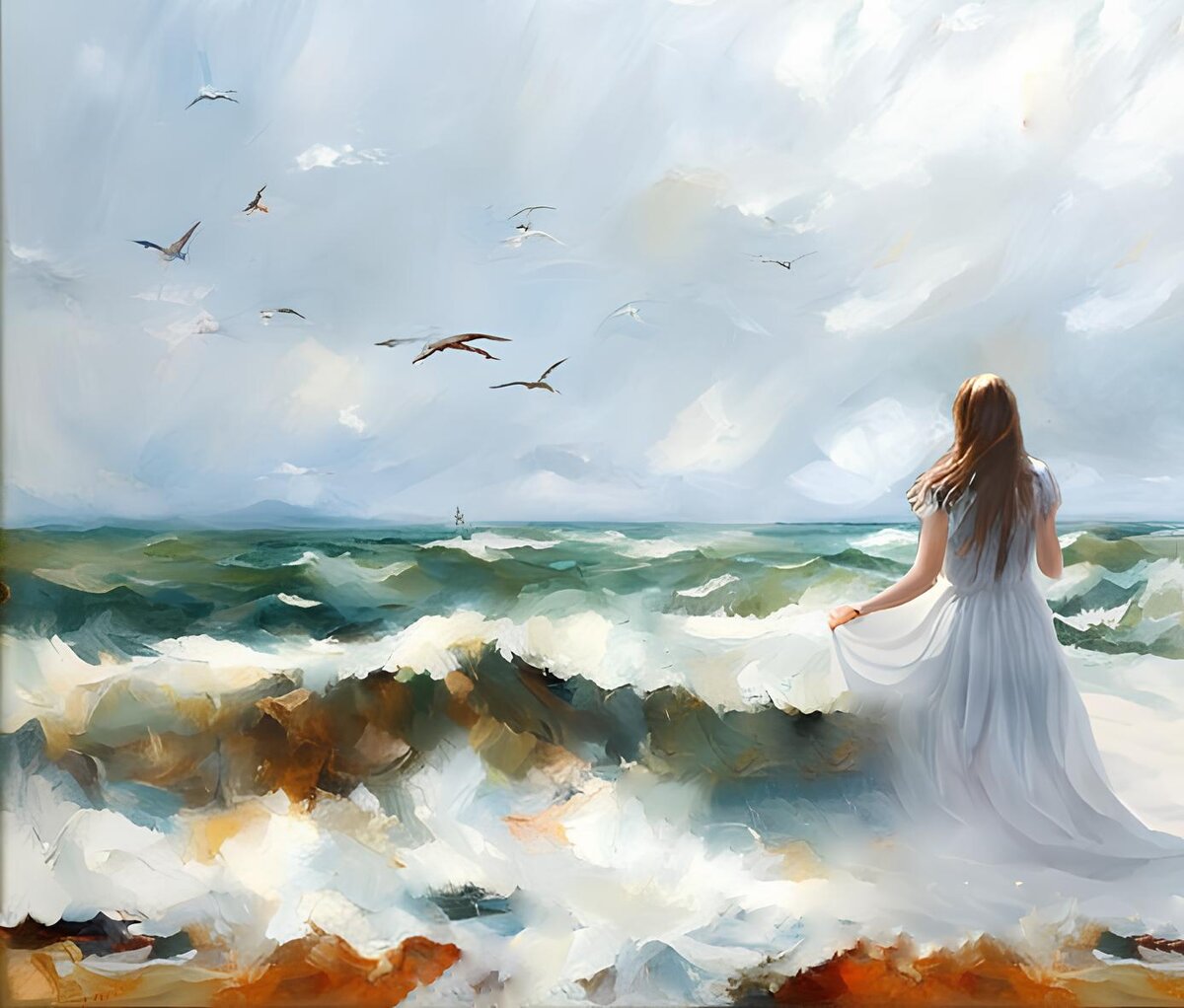 Море, ветер, прибой. Иллюстрация создана с помощью нейросетей Kandinsky3.0 и DreamAI и программы Photoshop.