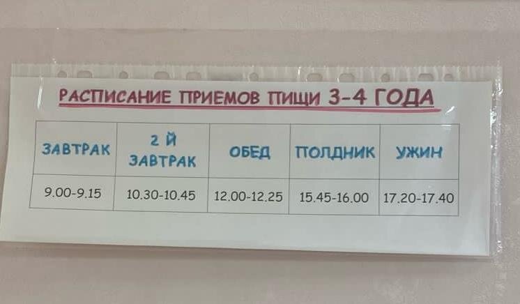 пример расписания приемов пищи для средней группы
