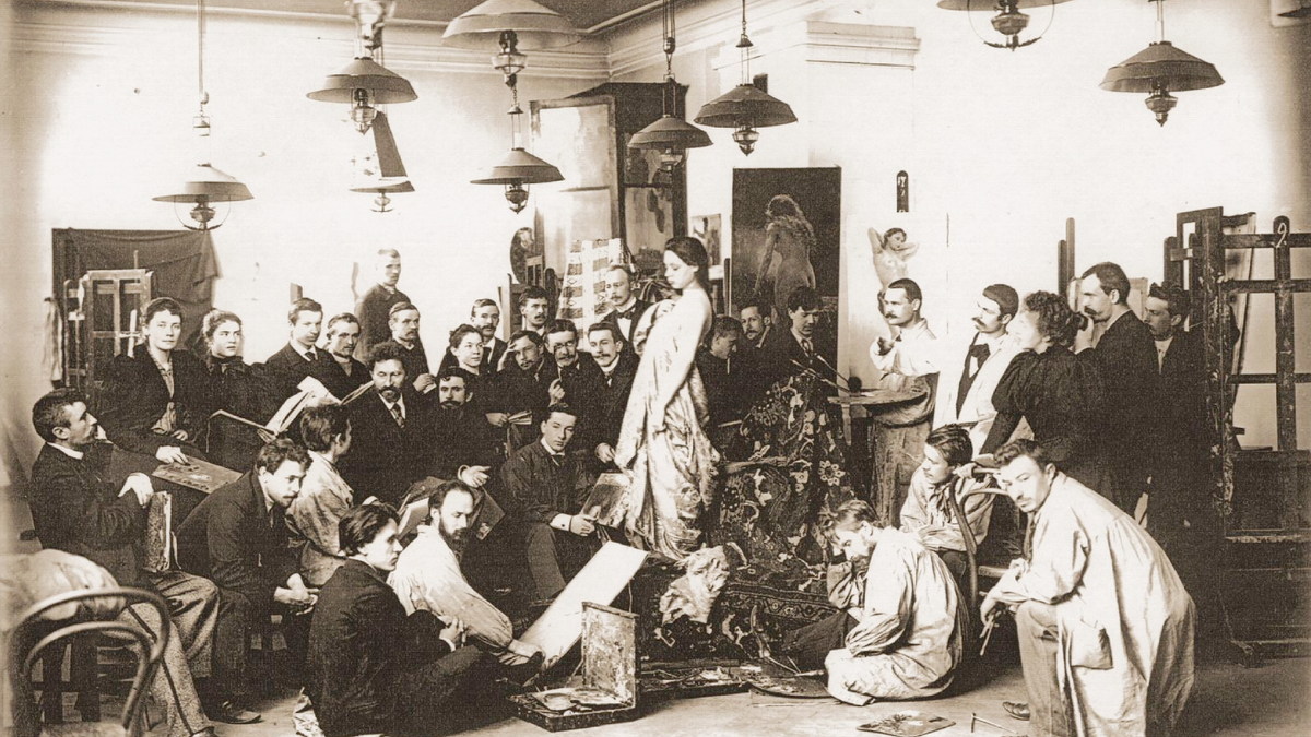 Живописная мастерская профессора И. Е. Репина. Постановка натуры. 1897-1898 годы / Музей Академии художеств 