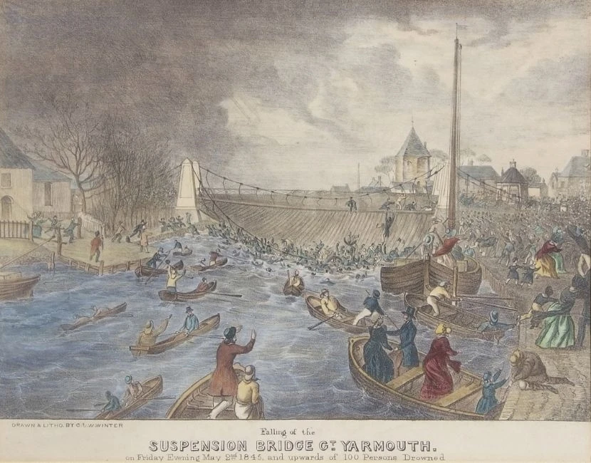 C.J.W. Winter. Раскрашенная литография. Падение подвесного моста в Грейт-Ярмуте в пятницу, 2 мая 1845 года. Источник изображения: www.mutualart.com
