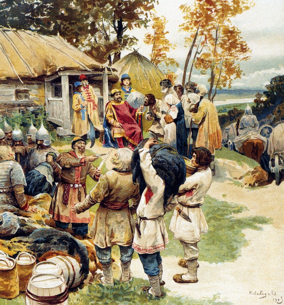 «Полюдье. Князь Игорь собирает дань с подвластных древлян под Искоростенем осенью 945 г.» – худ. К. Лебедев.