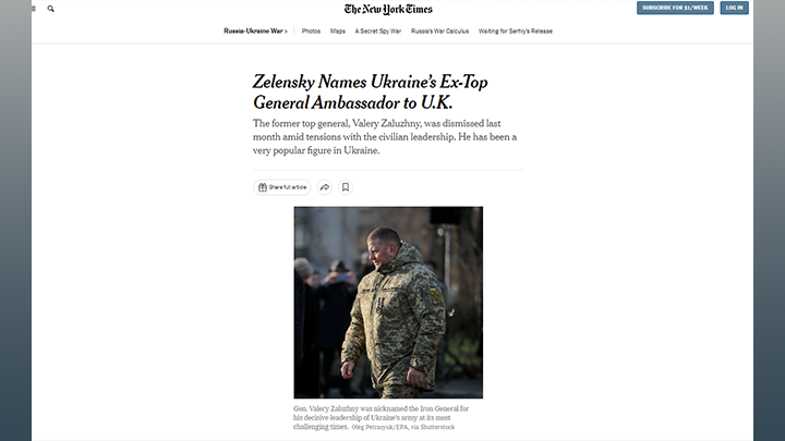 "ЖЕЛЕЗНЫЙ ГЕНЕРАЛ" БЫЛ УВОЛЕН В ПРОШЛОМ МЕСЯЦЕ, А ТЕПЕРЬ ЗЕЛЕНСКИЙ НАЗВАЛ ИМЯ ПОСЛА УКРАИНЫ В ВЕЛИКОБРИТАНИИ. СКРИНШОТ СТРАНИЦЫ САЙТА THE NEW YORK TIMES