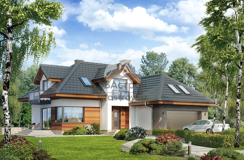 Проект углового дома 253 м2 с мансардой, гаражом, балконом и террасой - 104-54