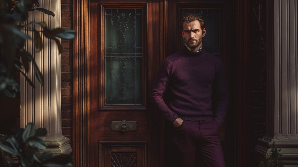 Образ: мужчина элегантно одет в однотонный фиолетовый свитер и брюки.