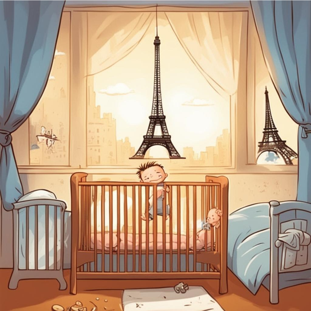 Малыш в своей кроватке мечтает о Париже.