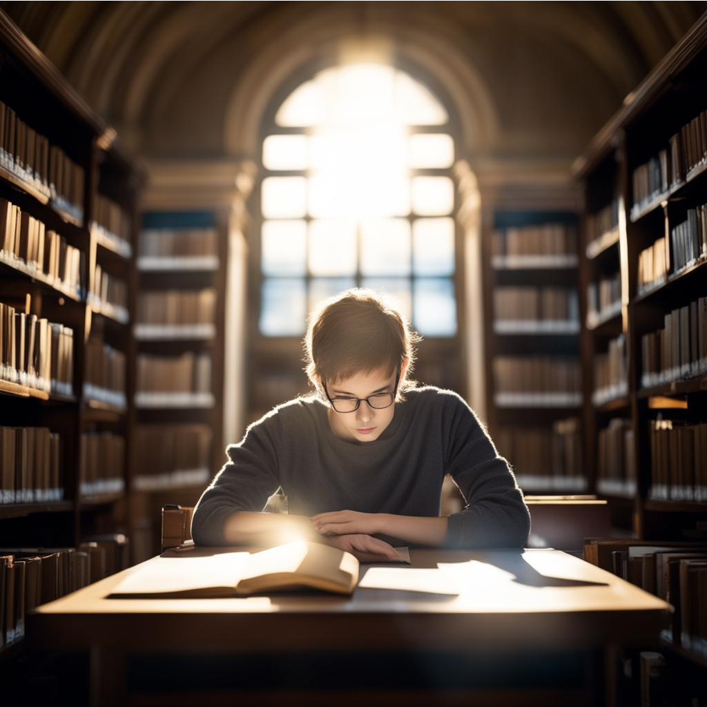 Молодой человек читает французские книги в библиотеке.
