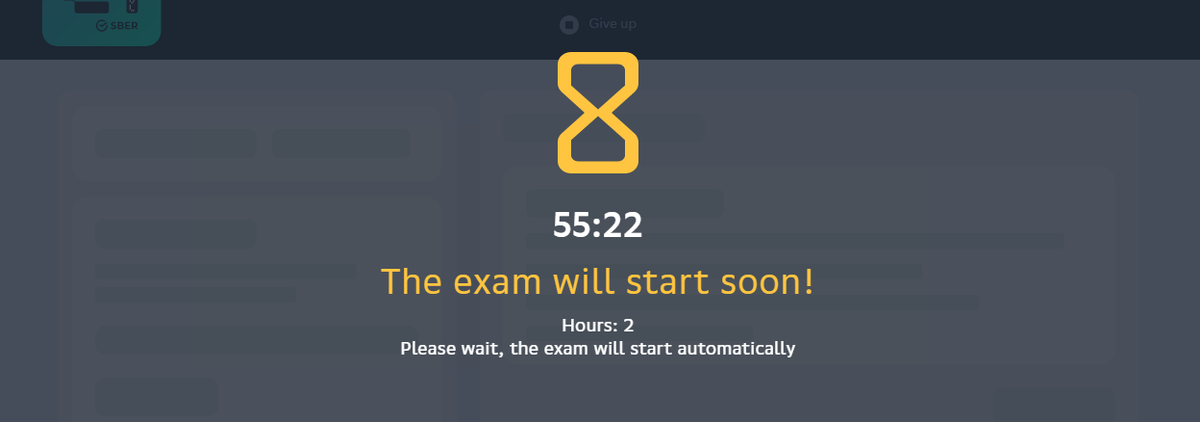 Страница с обратным отсчетом времени до начала тестирования