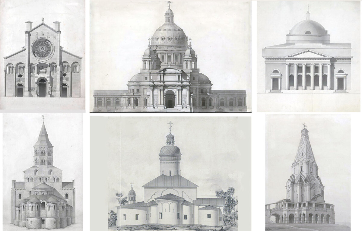 Собор в Модене (Франция), собор Инвалидного дома, церковь всех Скорбящих в Петербурге,     ц. Нотр-Дам в Орживале во Франции, ц. Богоявления в Бродах во Пскове, ц. Вознесения.