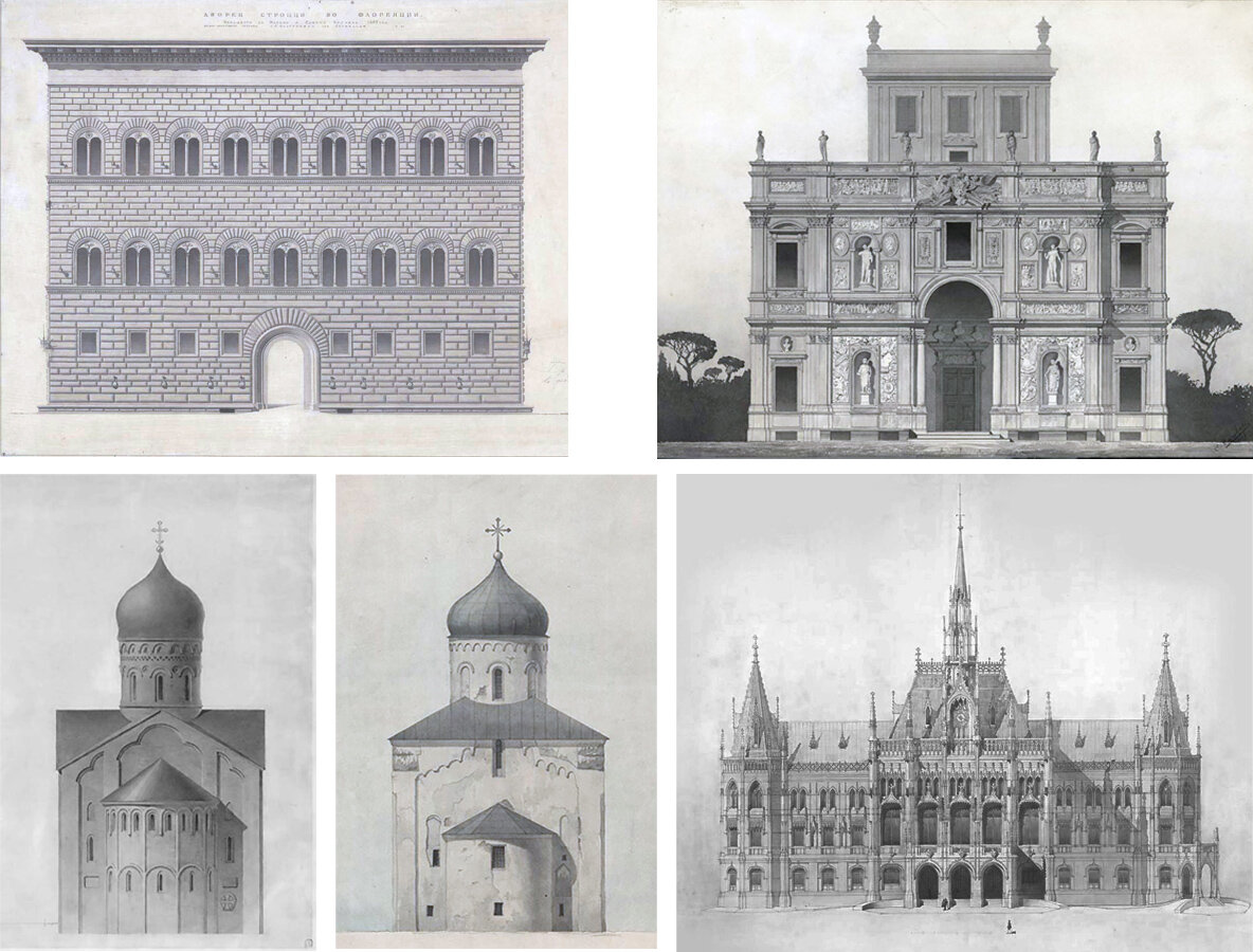 Палаццо Строцци во Флоренции, вилла Дориа в Риме, ц. Фёдора Стратилата в Новгороде, ц. Николы на Липне в Новгороде, проект готического здания.