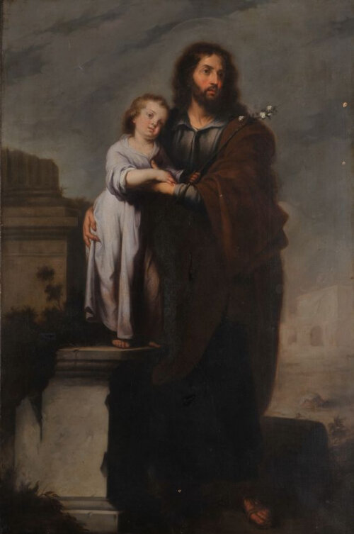 «Иосиф с младенцем Христом», 1665–1666, Бартоломе Эстебан Мурильо. Музей изящных искусств Севильи, Испания. 
Типично для стиля Мурильо расположение нескольких классических архитектурных фрагментов с одной стороны. Остальное пространство не загромождено, чтобы сосредоточиться исключительно на двух фигурах. Маленький Иисус стоит на развалинах древнего алтаря, уютно устроившись рядом с Иосифом и держа его за руку.
Сиреневый цвет его мантии и мягкая кожа подчёркивают его человеческую уязвимость. Иосиф прикрывает ребёнка своим телом, вглядываясь вдаль, по-видимому, готовый увести сына при первых признаках опасности. В Библии рассказывается о мгновенной реакции Иосифа, спасшего младенца Иисуса от кровавой ярости царя Ирода.