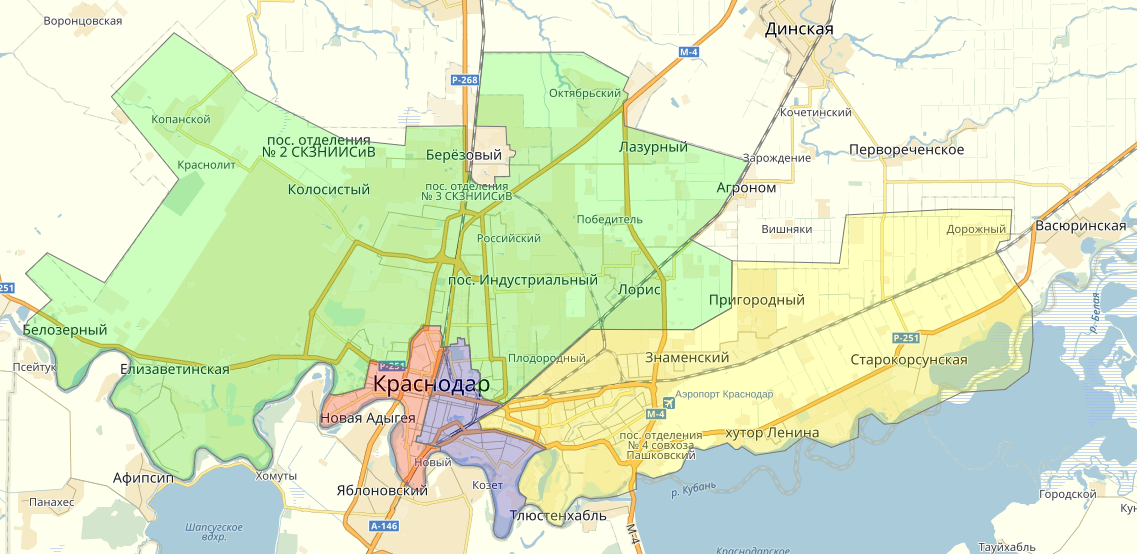 Прикубанский округ в Краснодаре на карте c улицами и границами