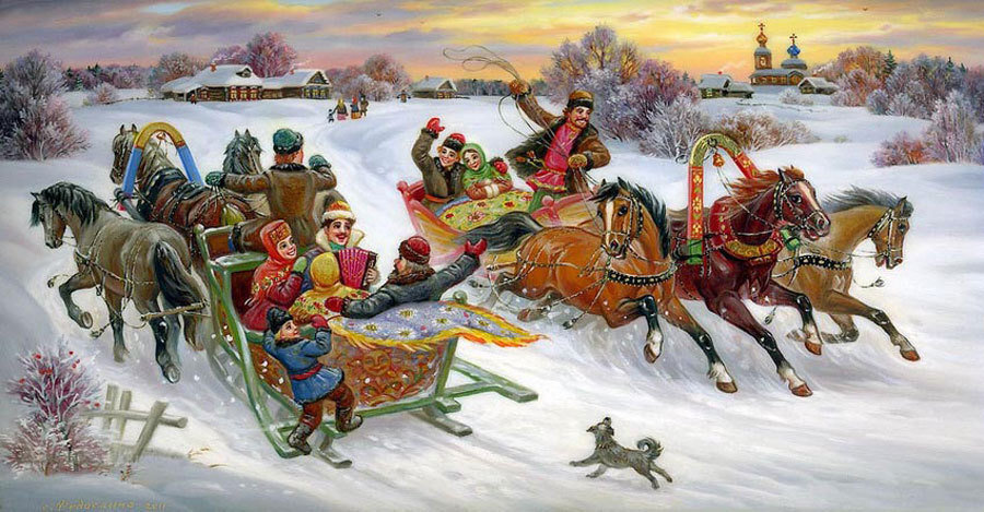 Федоскинская миниатюра. Тройка лошадей