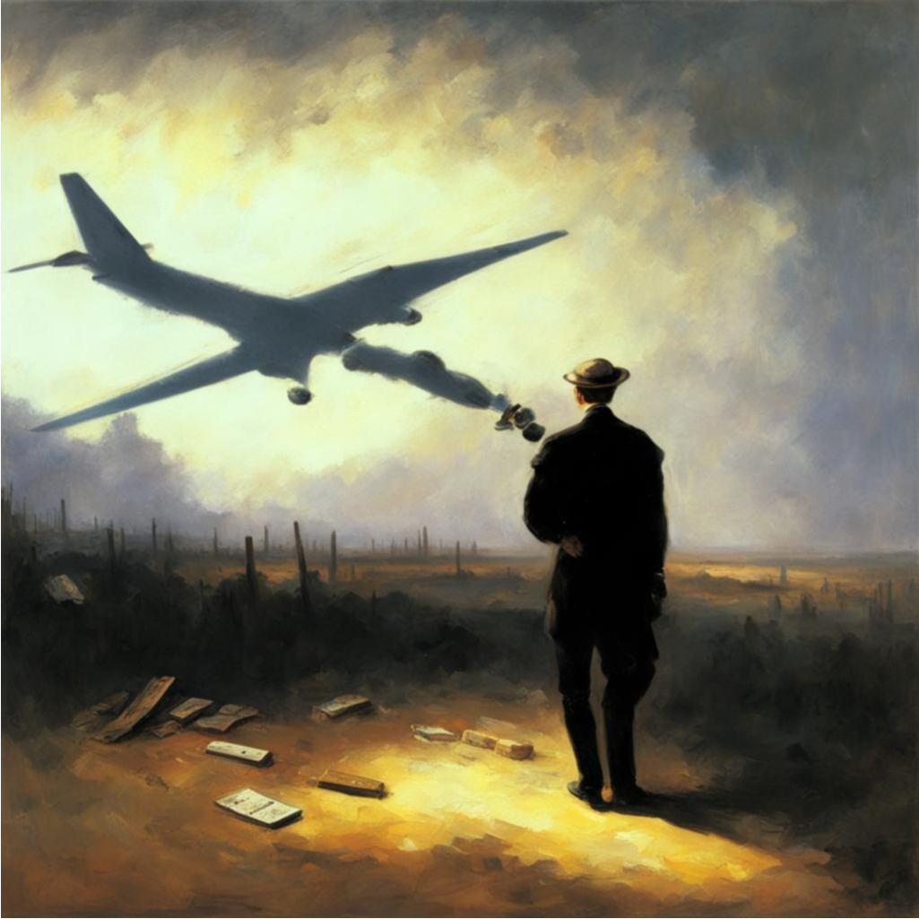 мужчина смотрит на тень самолёта. Тень почему-то не на земле, а на небе. А на земле раскиданы календарь, пульт от телика, пара кирпичей... Но ни одной пачки сигарет