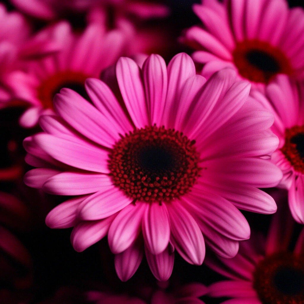 Пиретрум с лепестками карминной расцветки сорта Гиганты Робинсона. Работа автора в нейросетях. Листайте галерею