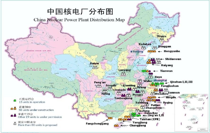 Карта размещения АЭС в Китае