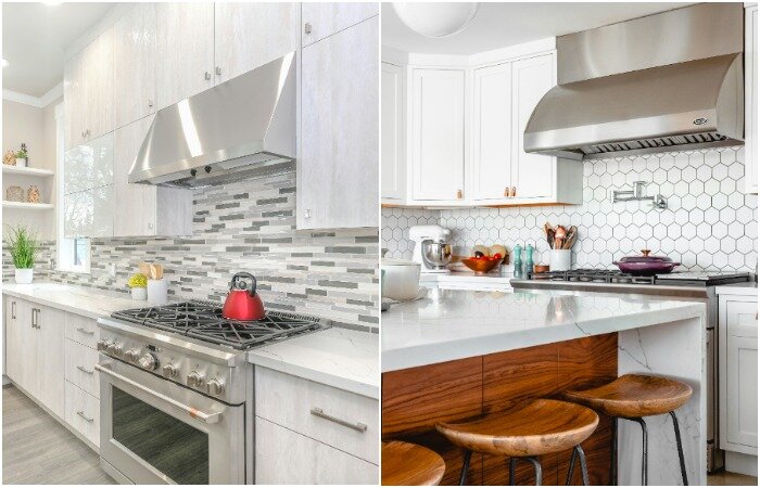 Кухонный фартук возле кухонной вытяжки увеличивают до самого верха 