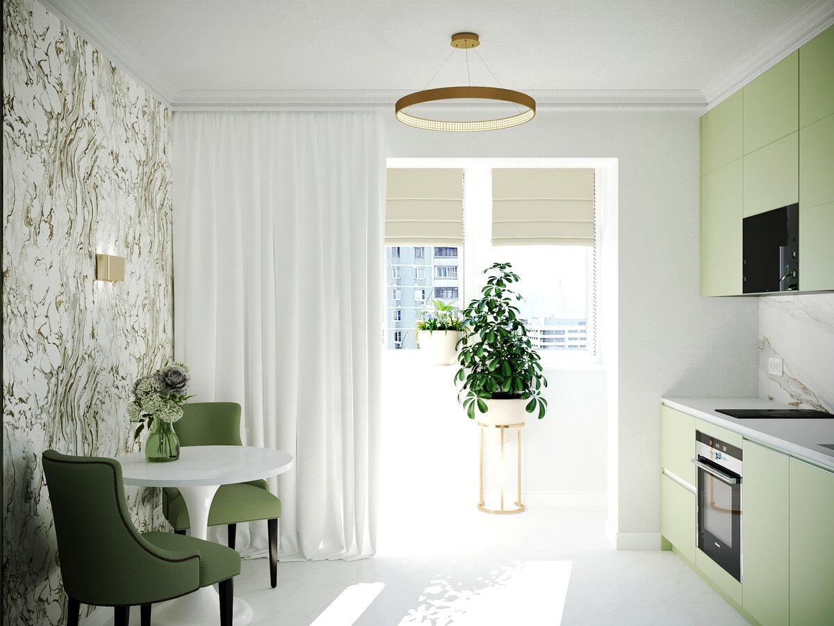 Кухня в стиле Неоклассика. Простой лаконичный потолочный светильник в цвете латунь. И бра со встроенными светодиодами для акцентного освещения