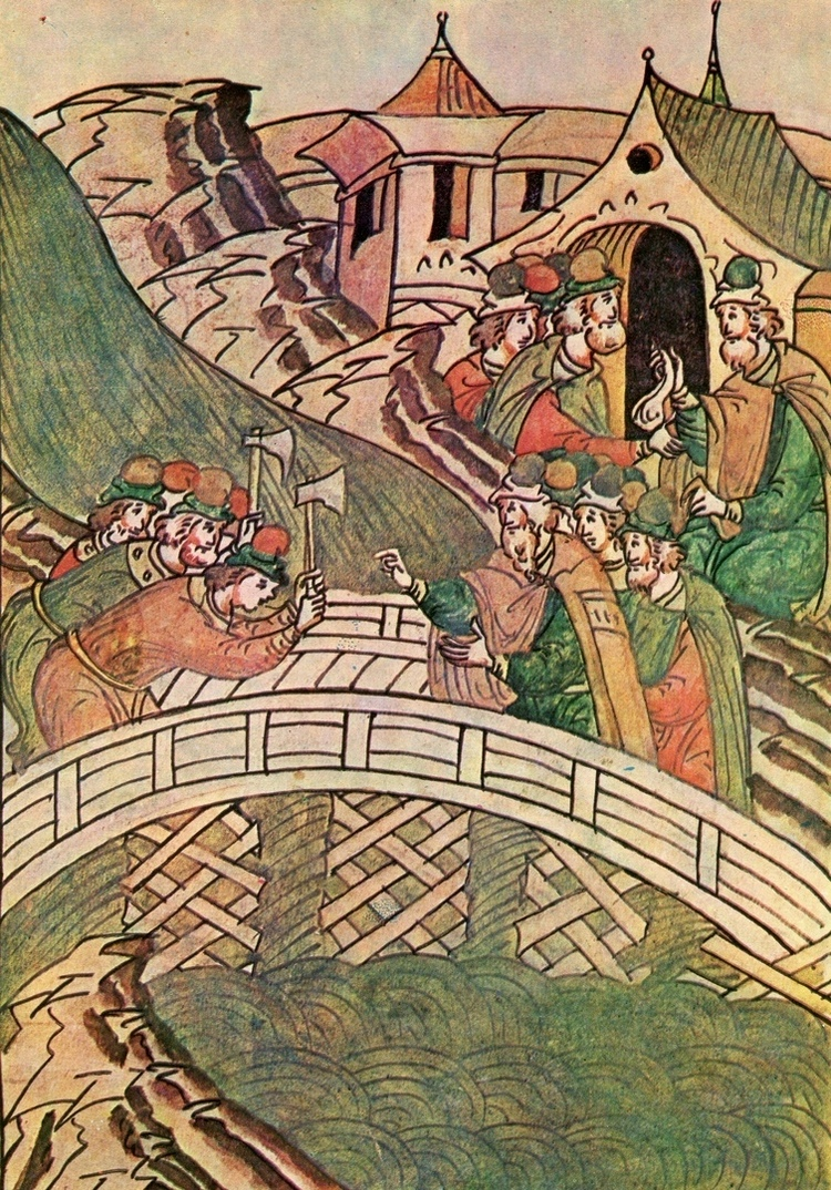 Строительство моста через Волхов в 1532 году. Миниатюра. Лицевой летописный свод. Шумиловский том. XVI век. источник изображения: portal-vn.ru