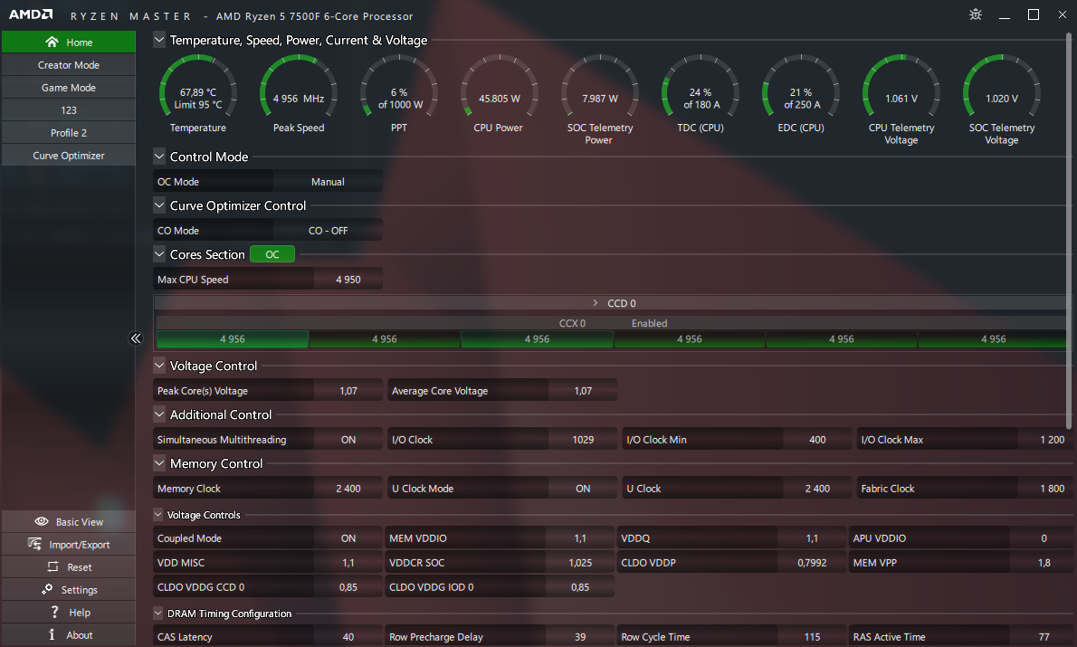 Тесты проходили на открытом стенде для замера производительности в RandomX и постоянной нагрузки OCCT. 4225mhz = 0.85v
4500mhz = 0.9v
4700mhz = 0.97v похожий результат на 7700
4875mhz = 1.-3