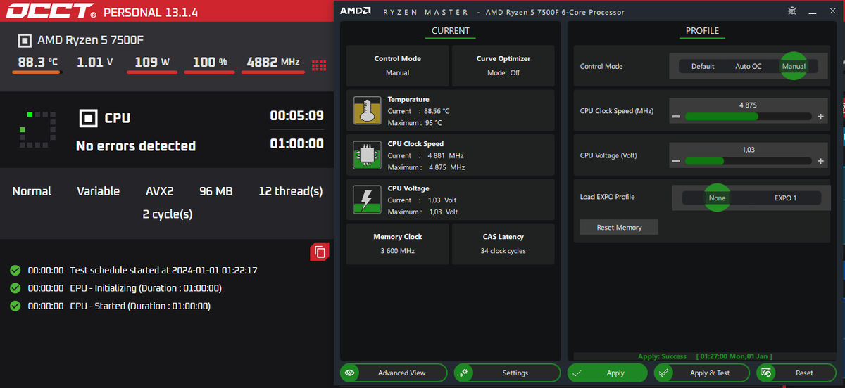 Тесты проходили на открытом стенде для замера производительности в RandomX и постоянной нагрузки OCCT. 4225mhz = 0.85v
4500mhz = 0.9v
4700mhz = 0.97v похожий результат на 7700
4875mhz = 1.-8-2