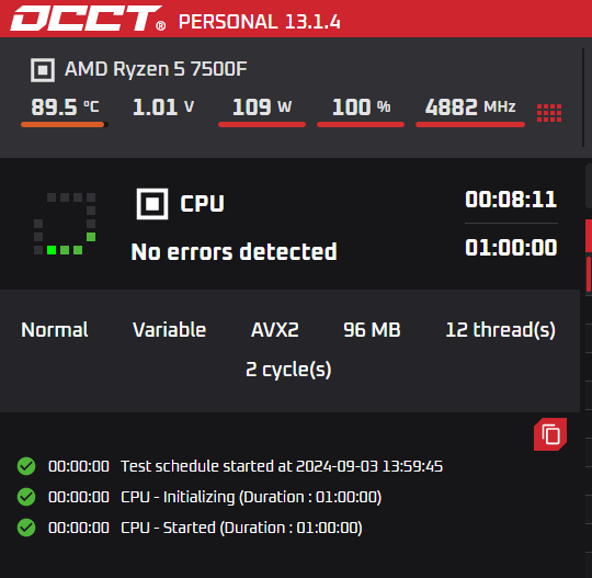 Тесты проходили на открытом стенде для замера производительности в RandomX и постоянной нагрузки OCCT. 4225mhz = 0.85v
4500mhz = 0.9v
4700mhz = 0.97v похожий результат на 7700
4875mhz = 1.-8