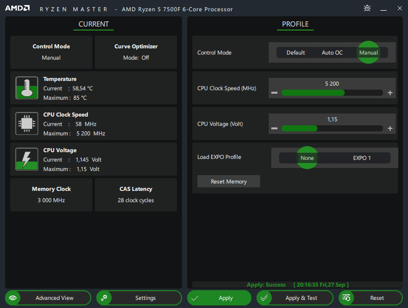 Тесты проходили на открытом стенде для замера производительности в RandomX и постоянной нагрузки OCCT. 4225mhz = 0.85v
4500mhz = 0.9v
4700mhz = 0.97v похожий результат на 7700
4875mhz = 1.-13