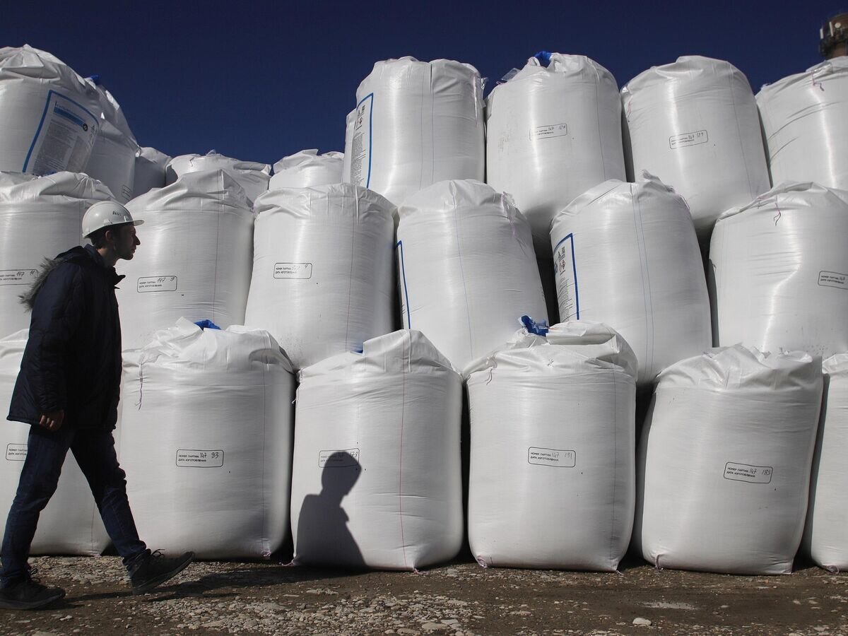 Сотрудник на территории завода ООО "Алмаз Удобрения" по производству водорастворимых и гранулированных удобрений© РИА Новости / Денис Абрамов